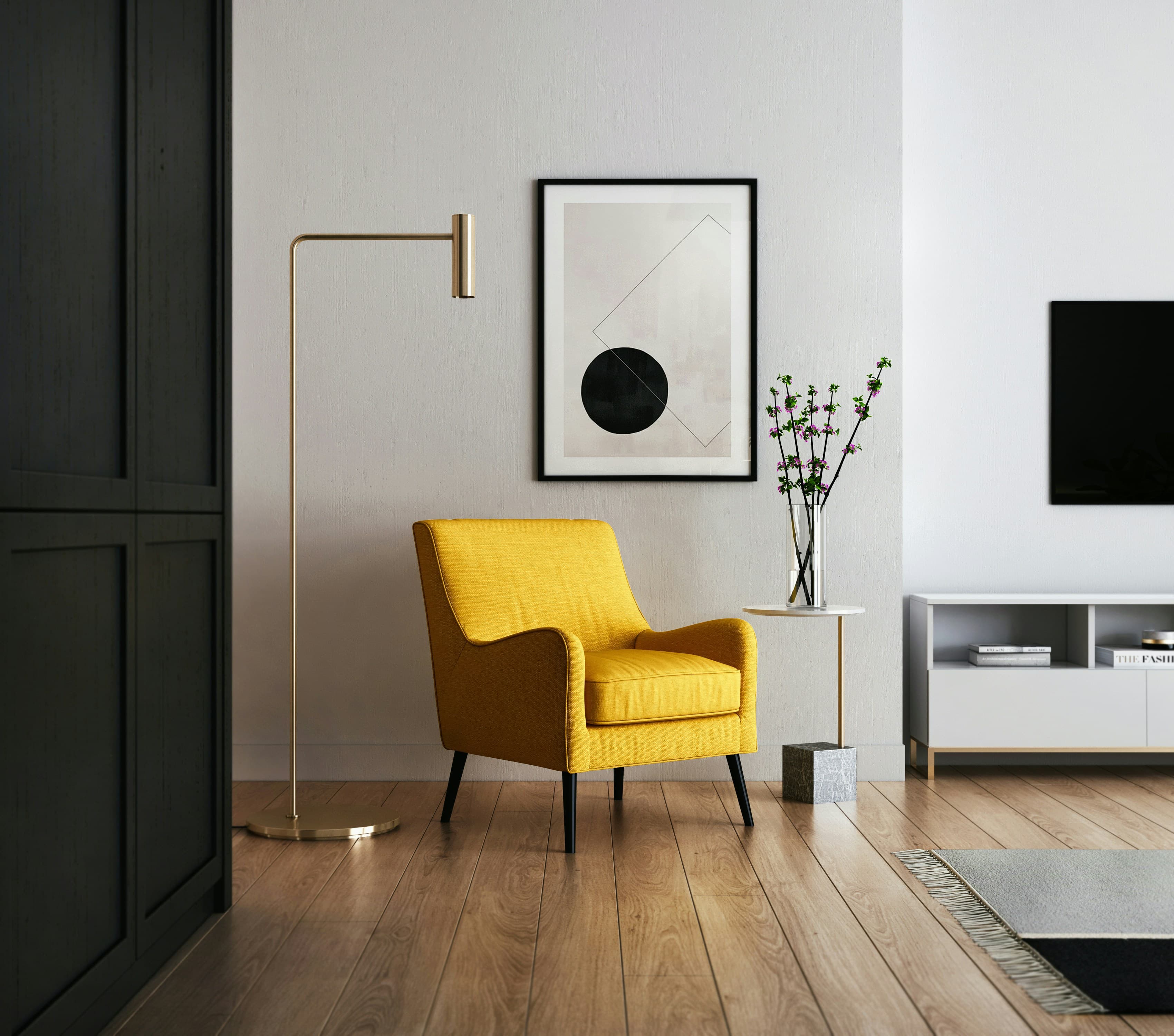 Interior design material samples including fabrics, tiles, and color swatches