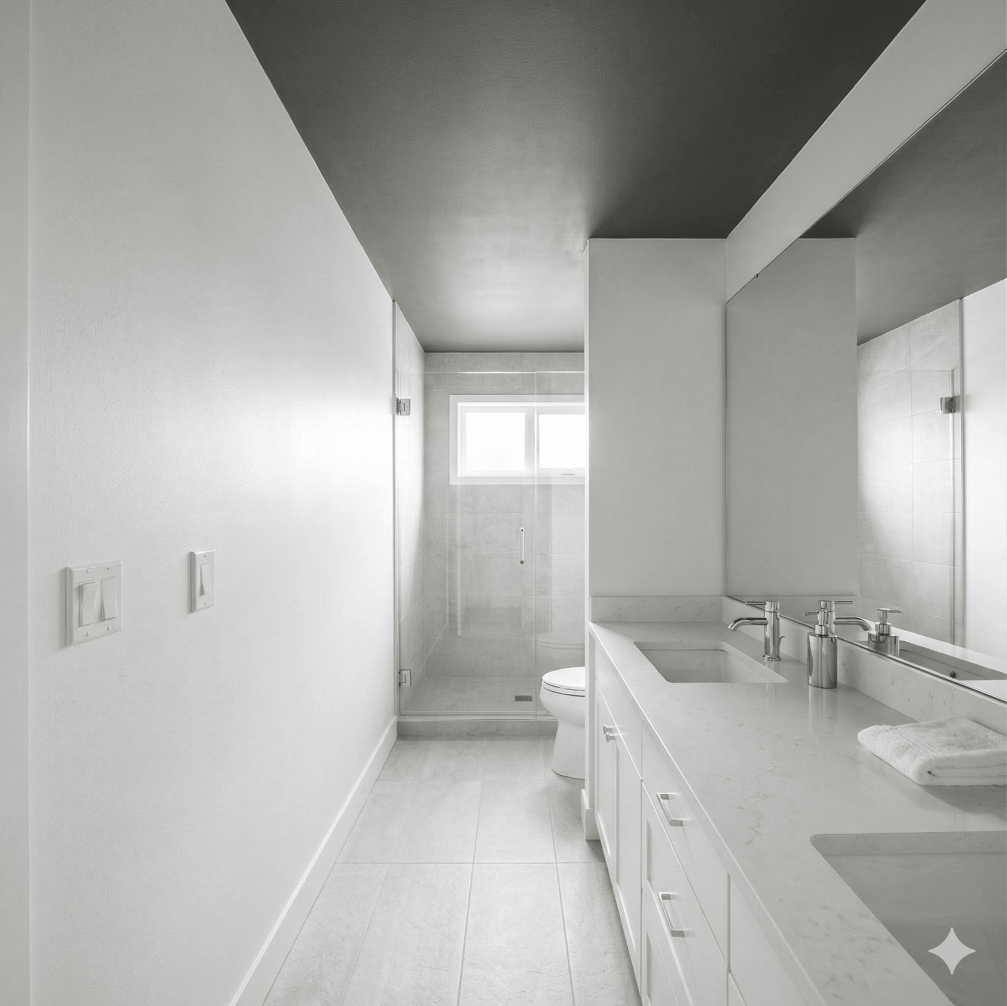 ADU bathroom with tiled shower, double vanity, and natural light