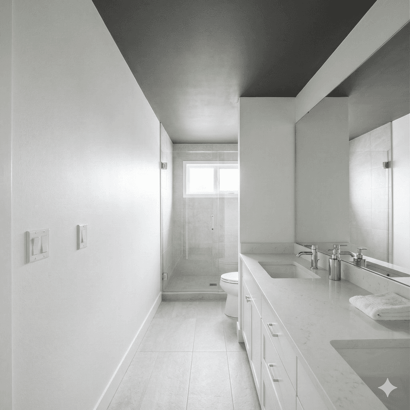 ADU bathroom with tiled shower, double vanity, and natural light