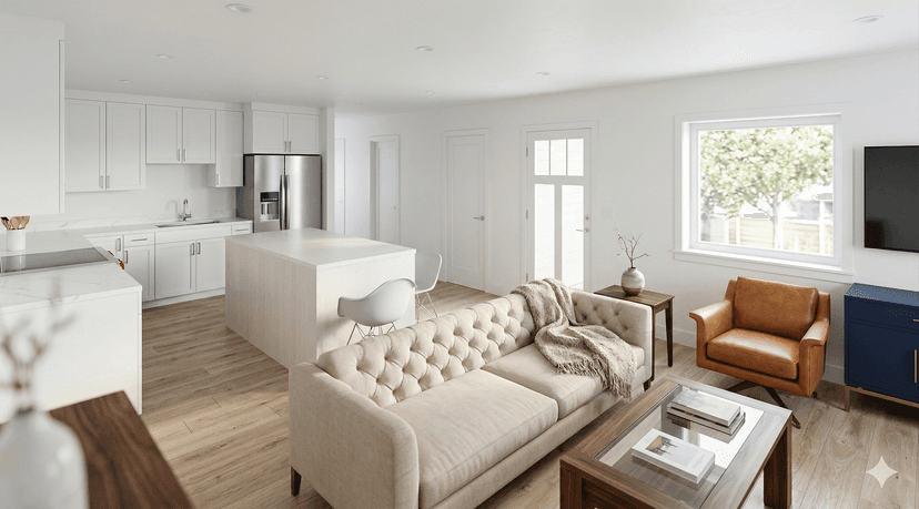 Interior design concept for spacious ADU living area with high ceilings