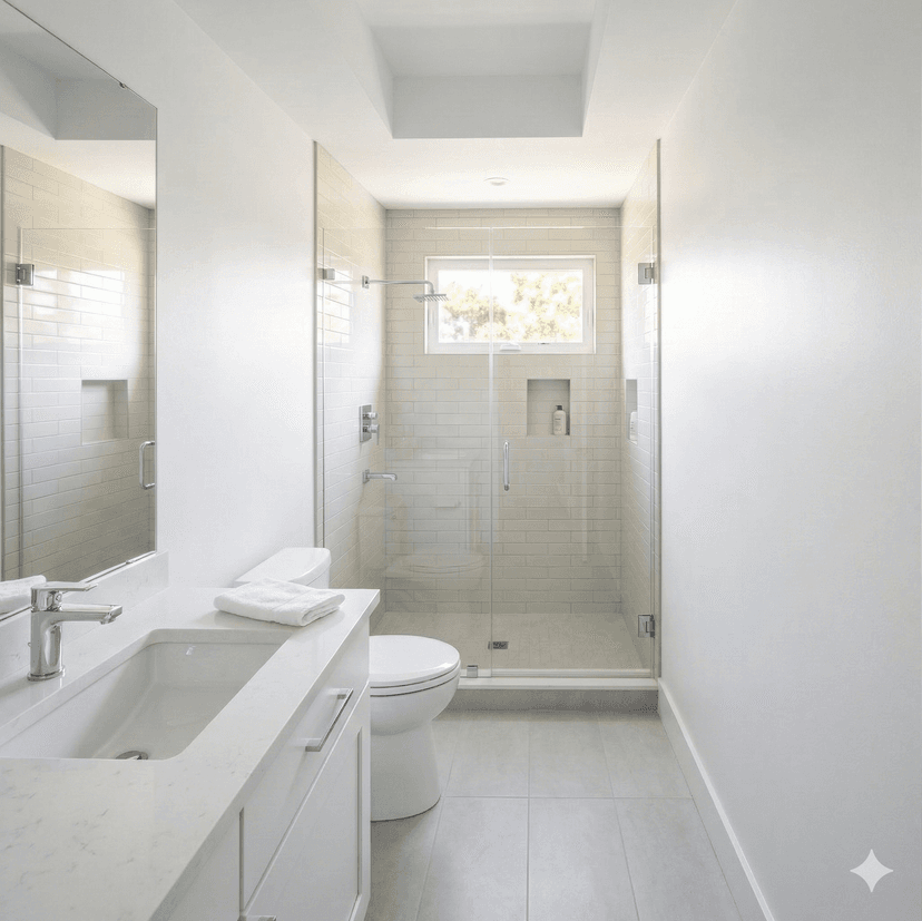 ADU bathroom with walk-in shower, soaking tub option, and double vanity