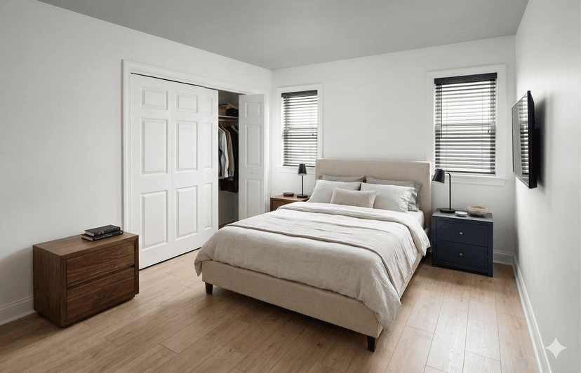 ADU primary bedroom with engineered hardwood floor and large windows overlooking garden