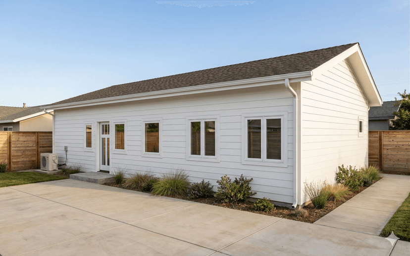 Palo Alto rear yard with mature oak trees and existing landscaping before ADU construction