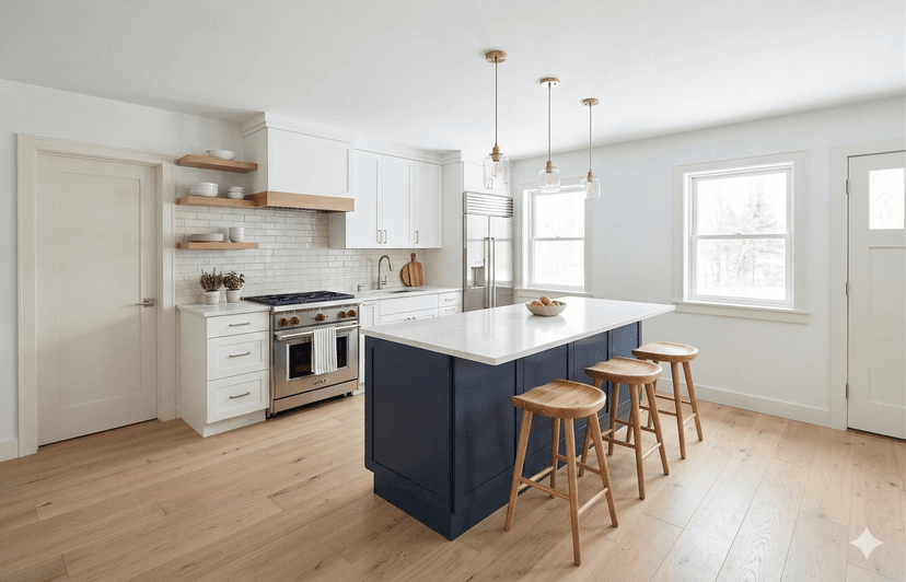 Full-size kitchen with quartz counters, island, and open connection to dining area
