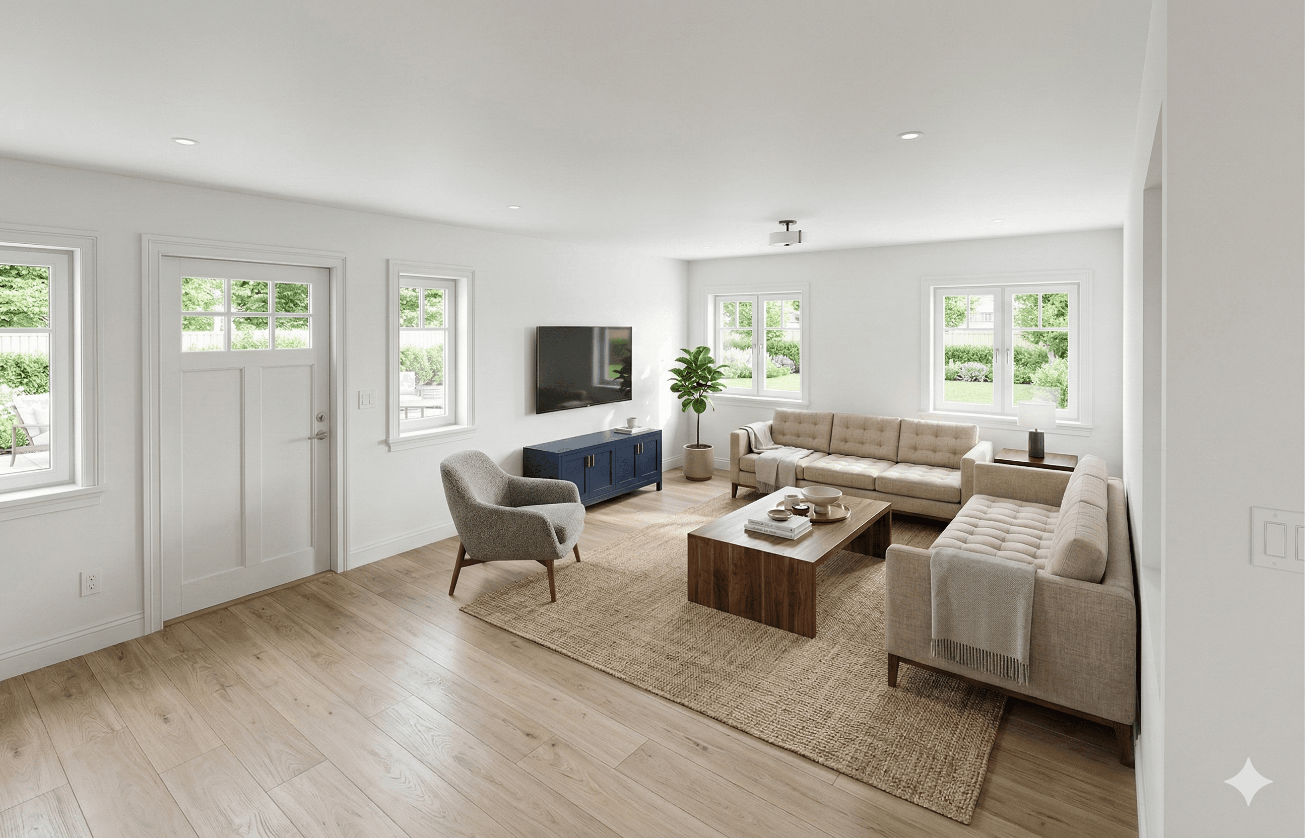 Interior concept for spacious Palo Alto ADU showing open living plan