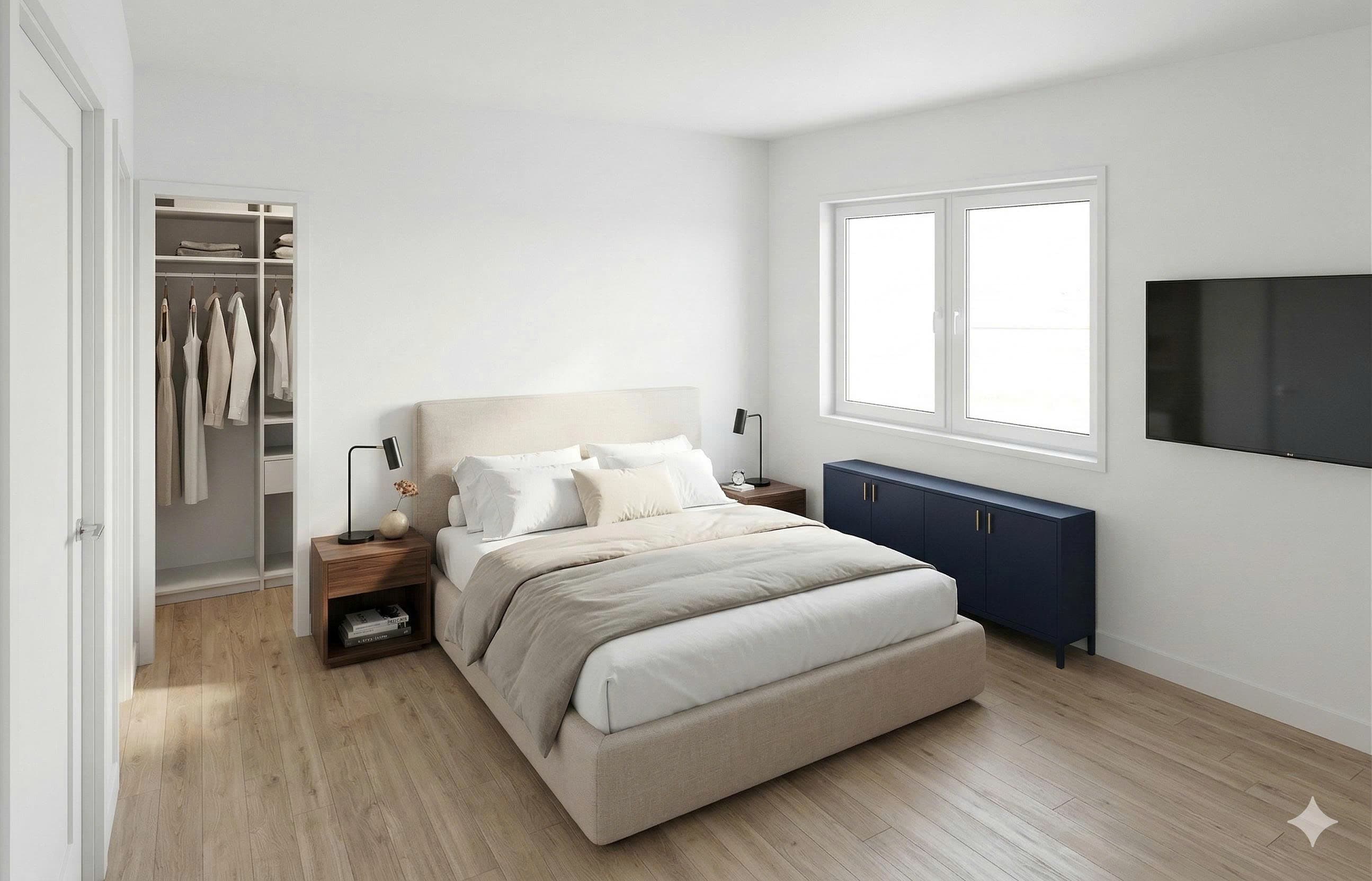 ADU bedroom with built-in closet and large operable window
