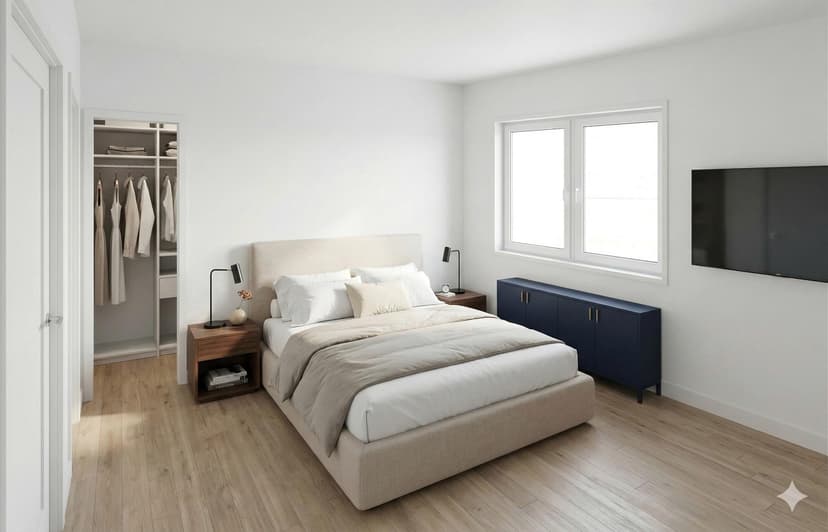 ADU bedroom with built-in closet and large operable window