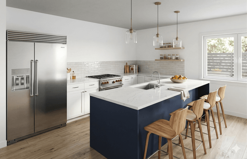 ADU kitchen interior with efficient layout and full-height cabinetry
