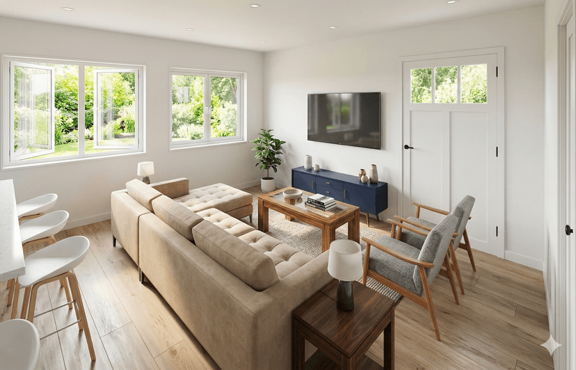 ADU interior layout concept showing open living and kitchen area