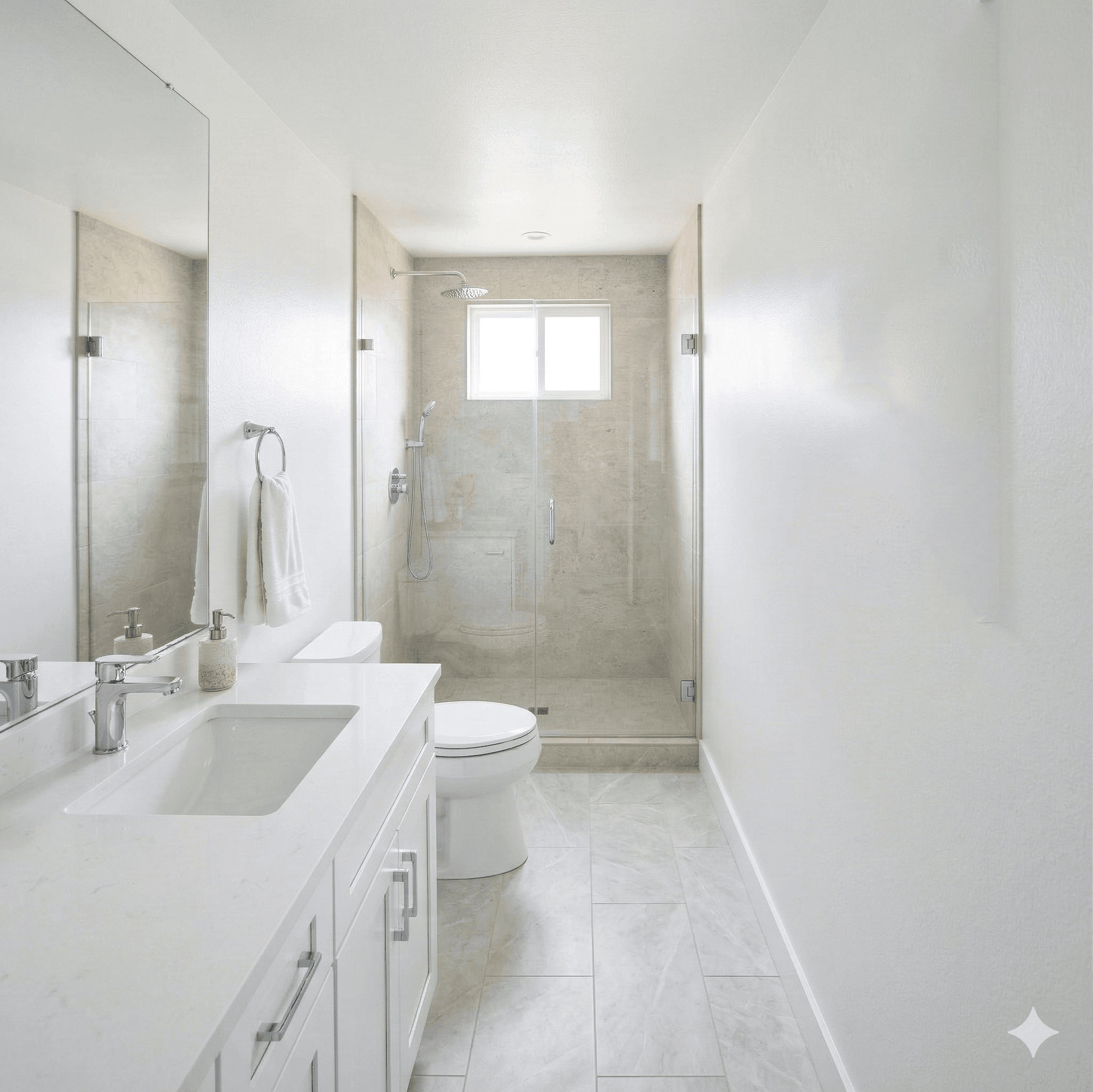 Curbless walk-in shower with fold-down bench and linear drain