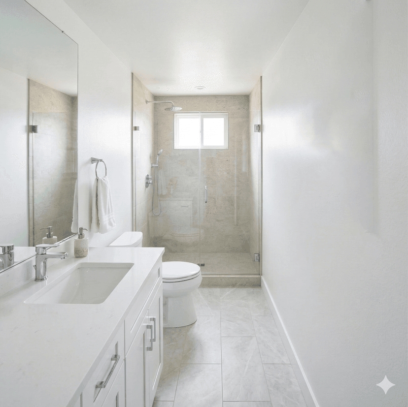 Curbless walk-in shower with fold-down bench and linear drain
