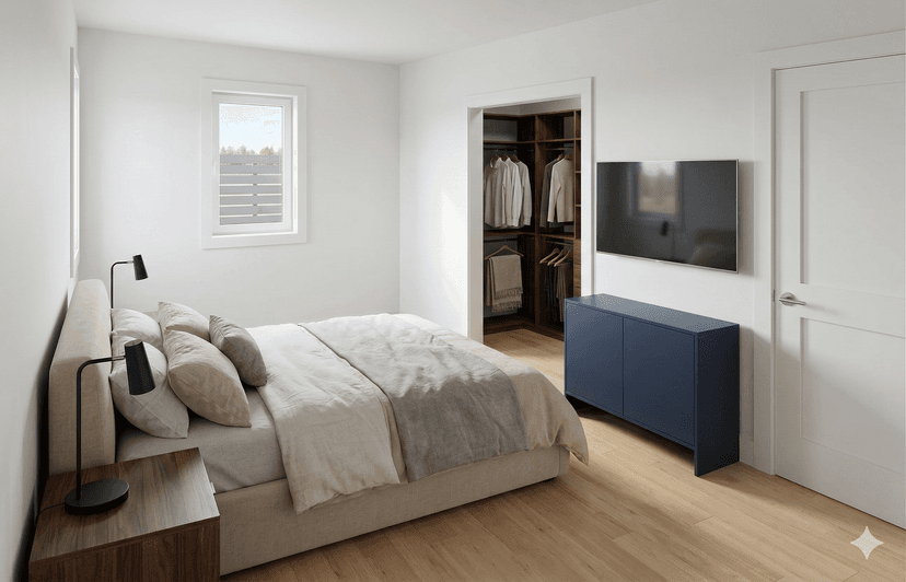 Spacious bedroom with clear turning radius and large sliding closet