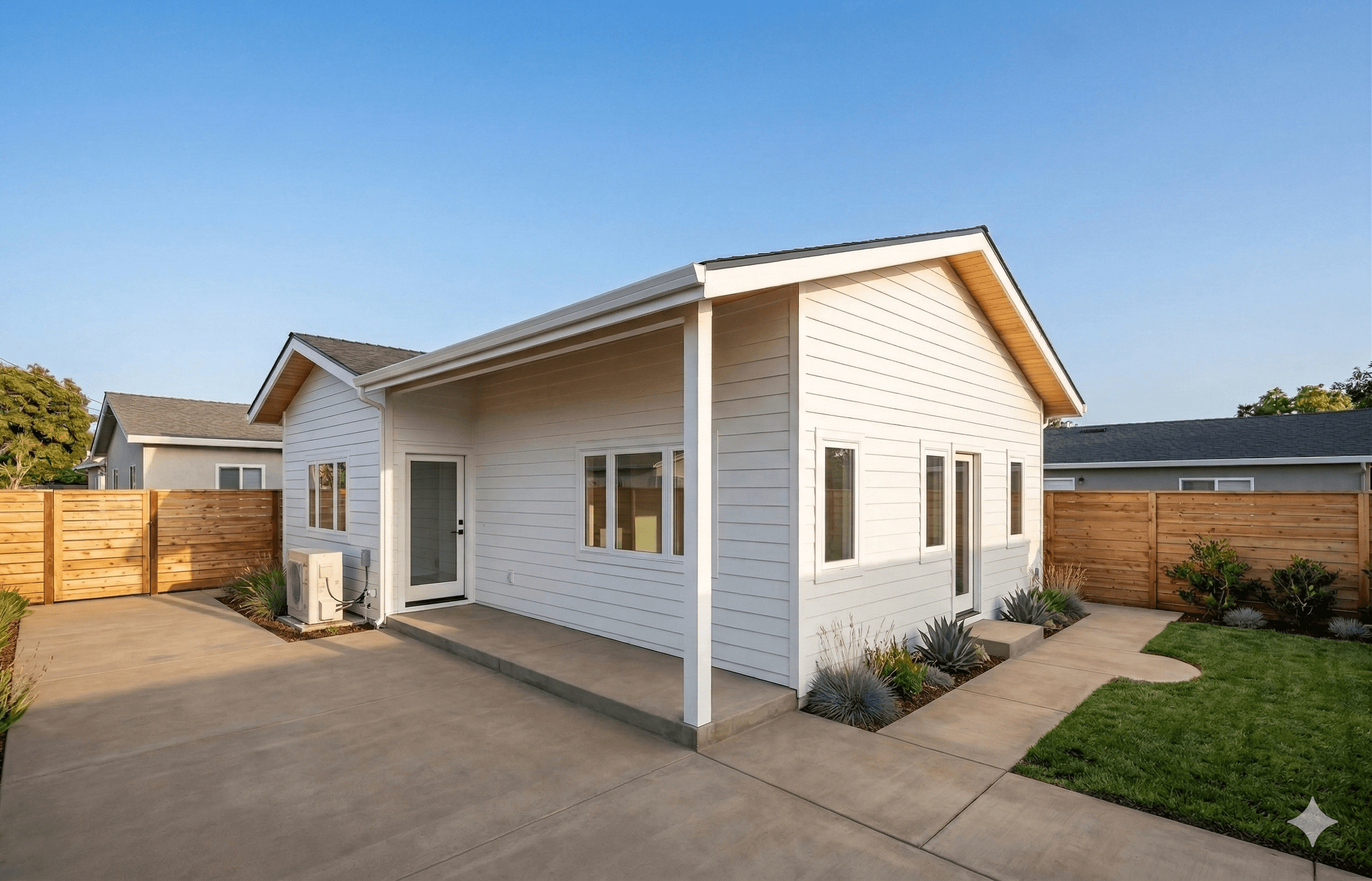 800 SF accessible detached ADU in Oakland with covered entry and no-step threshold