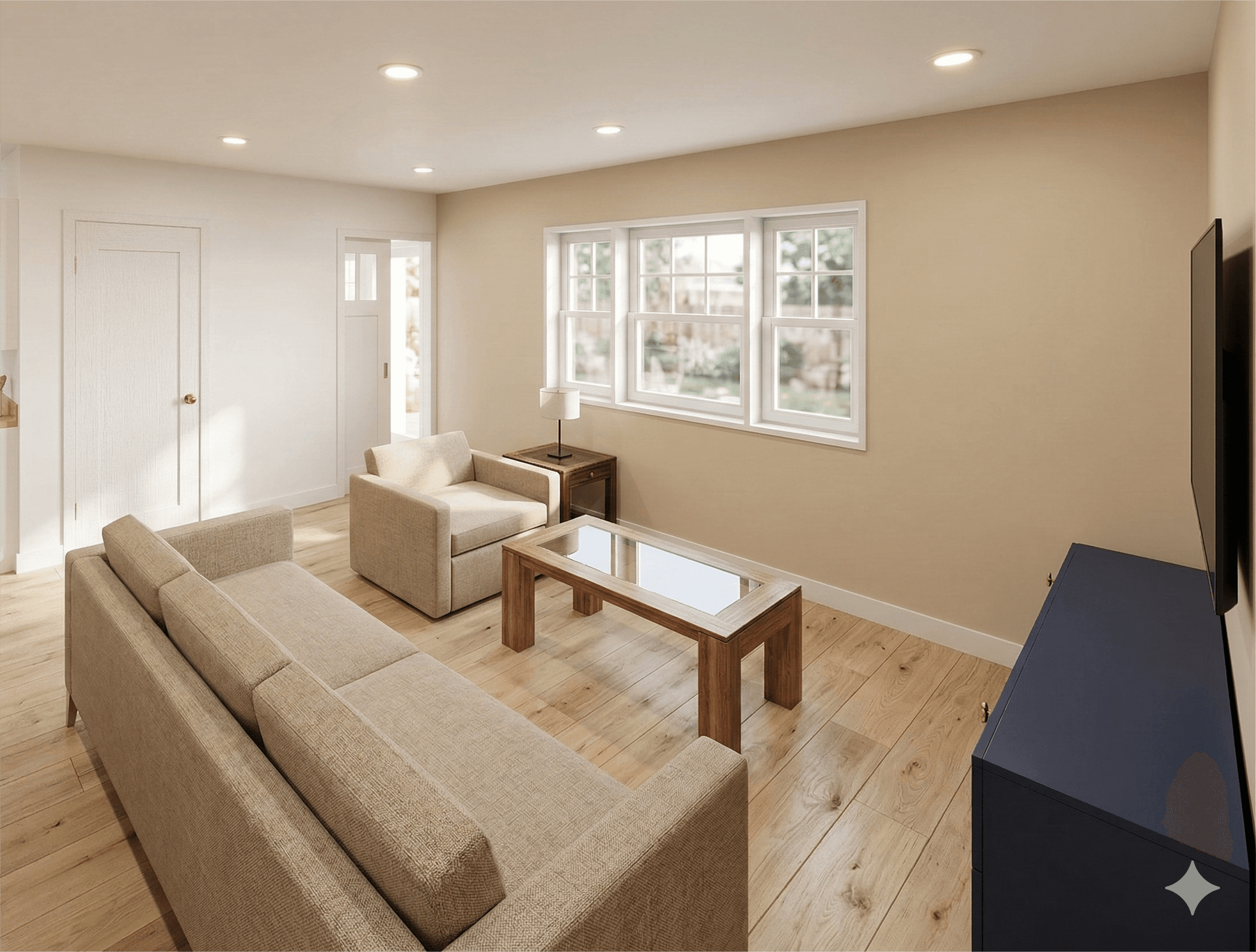 Concept sketch showing accessible layout with wide circulation and open living