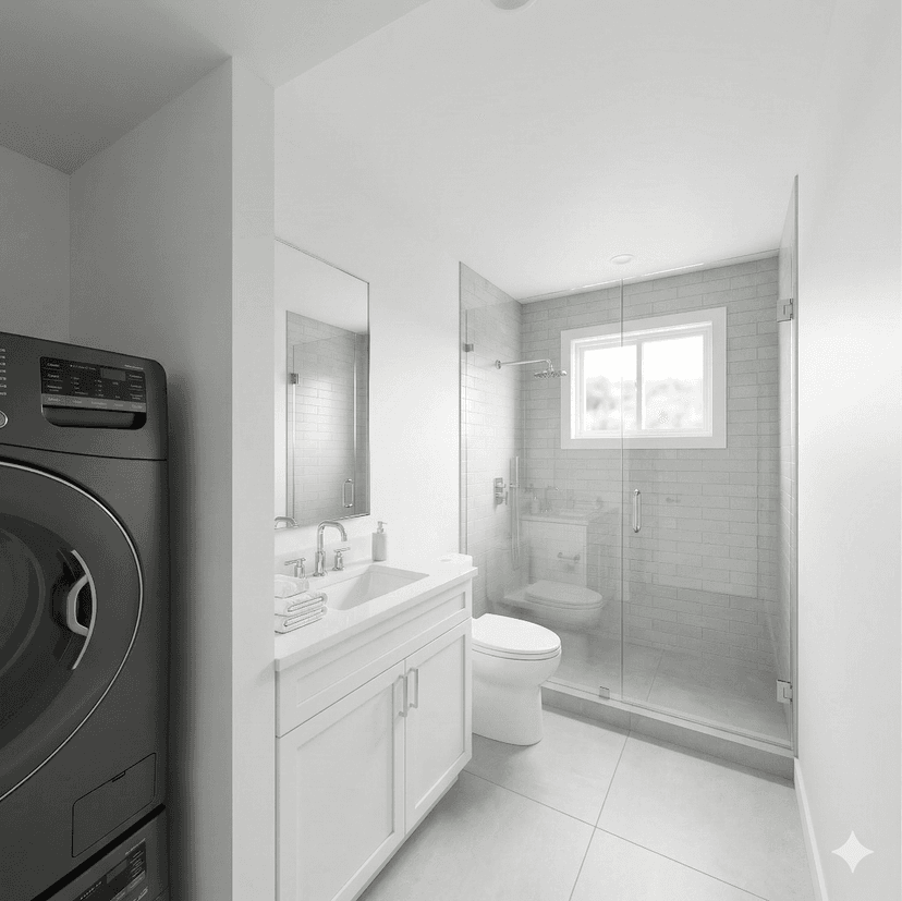 ADU bathroom with full tub/shower, vanity, and natural light
