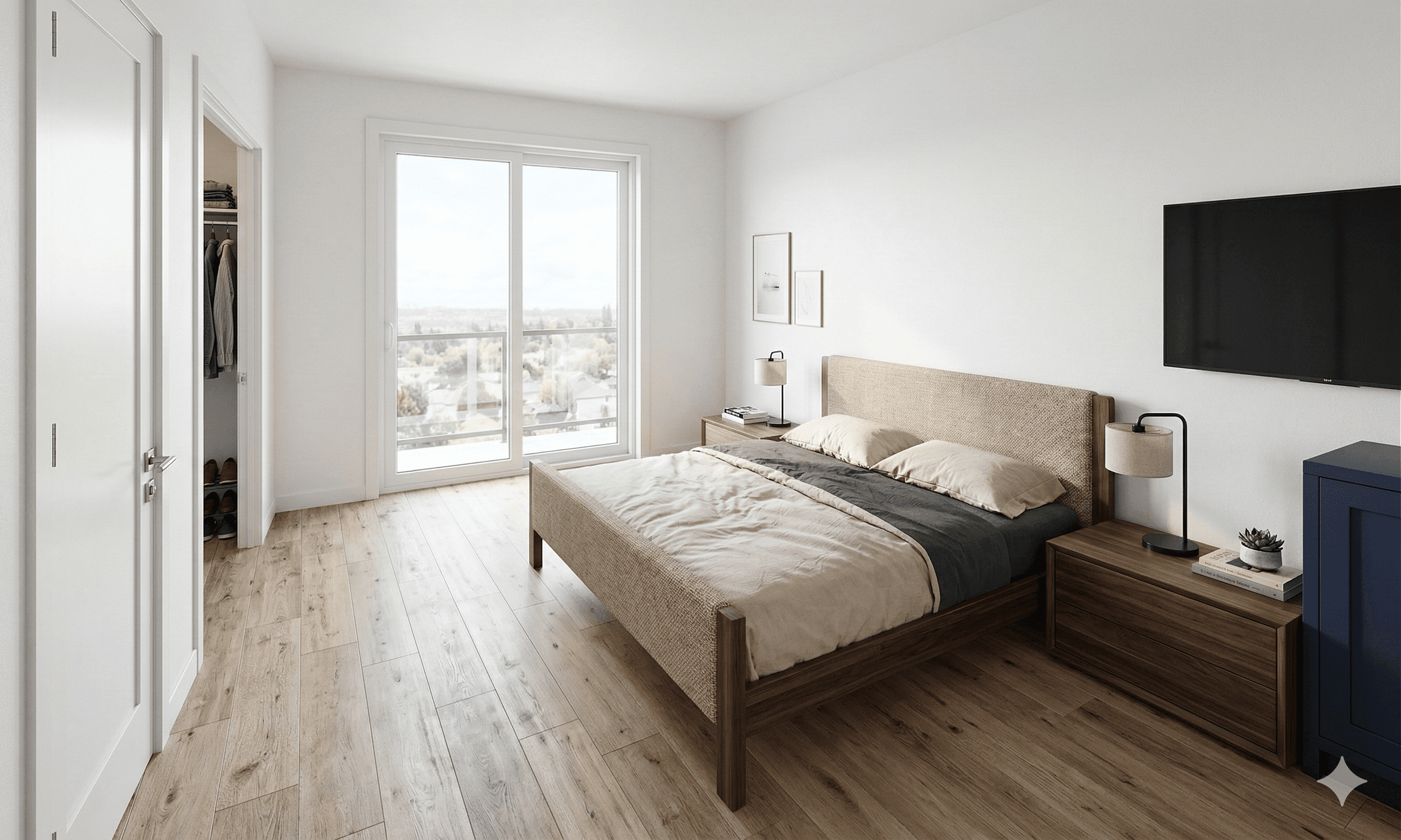 Primary ADU bedroom with built-in closet and window facing private yard