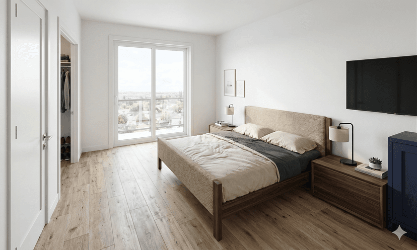 Primary ADU bedroom with built-in closet and window facing private yard
