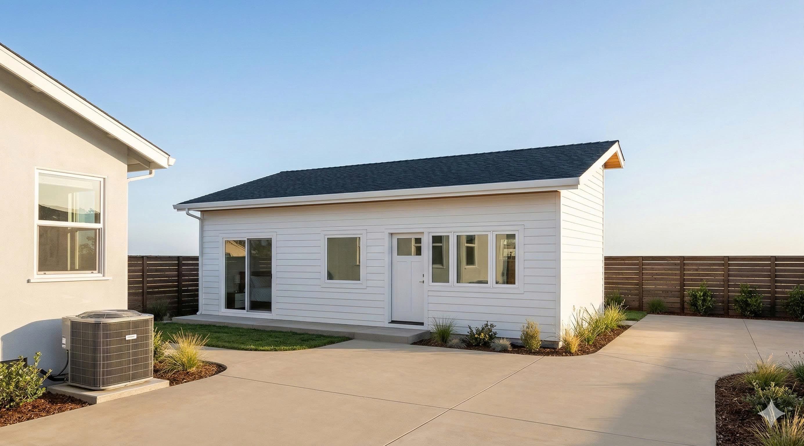 Detached 900 SF two-bedroom ADU in Fremont with clean modern facade
