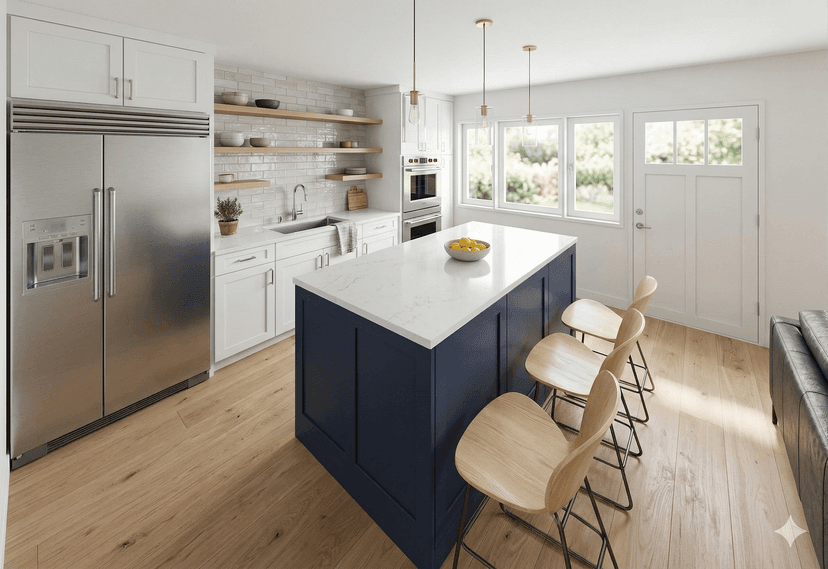Full kitchen with island and open connection to living area in ADU