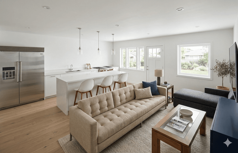 Interior concept rendering showing open living and kitchen layout for ADU