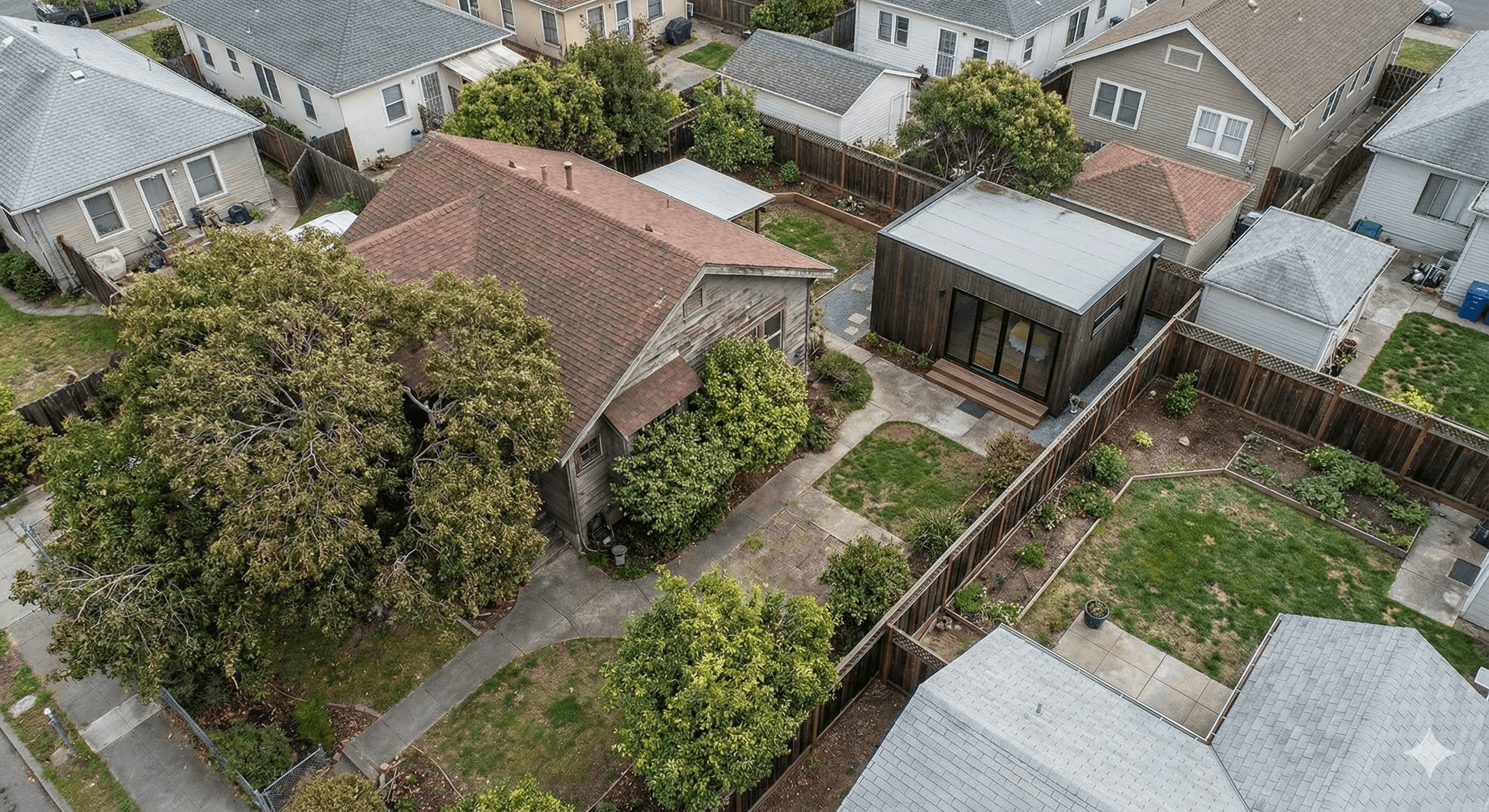 Oakland backyard ADU design example showing detached ADU and main house