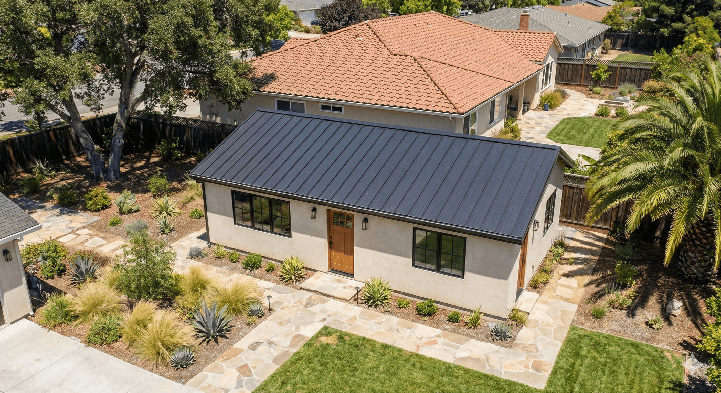 San Jose backyard ADU design example showing detached ADU and main house