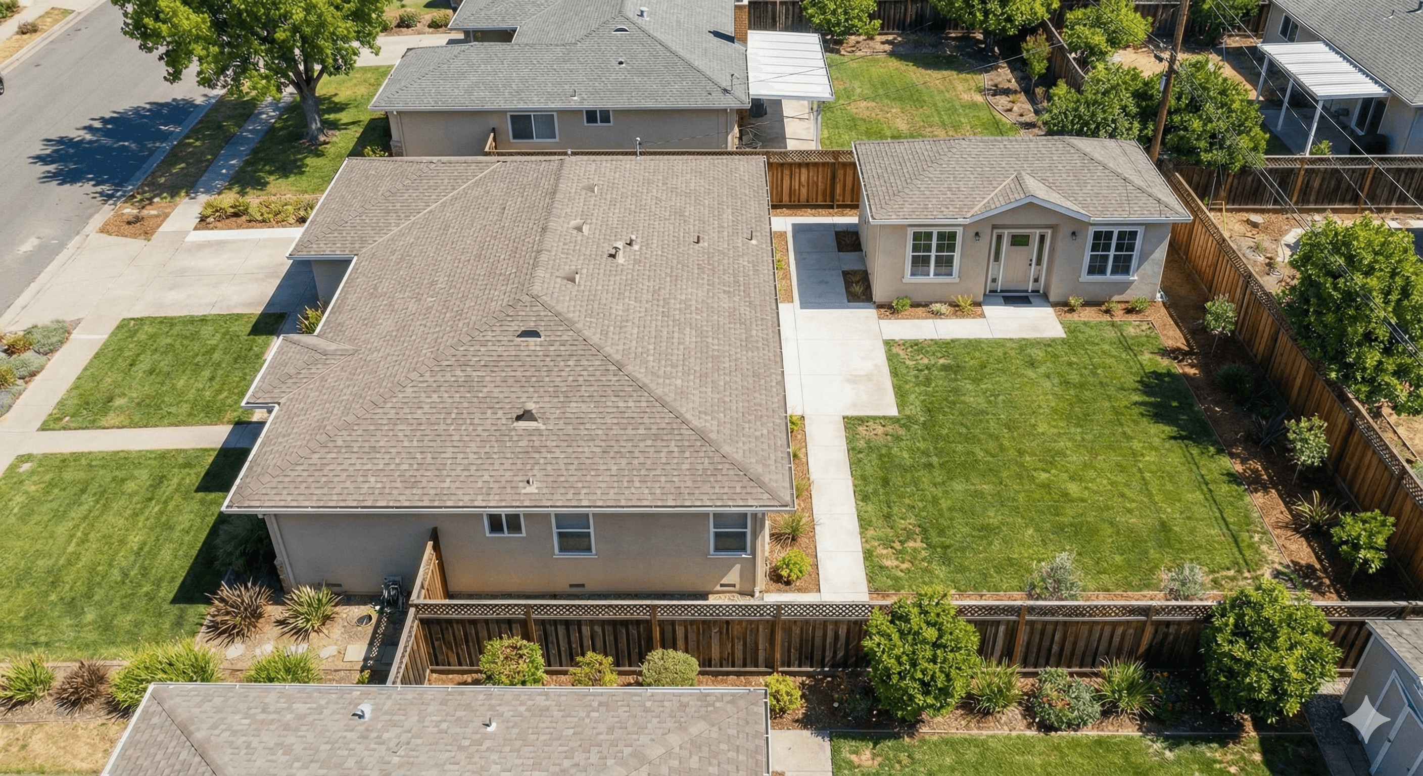 Santa Clara backyard ADU design example showing detached ADU and main house