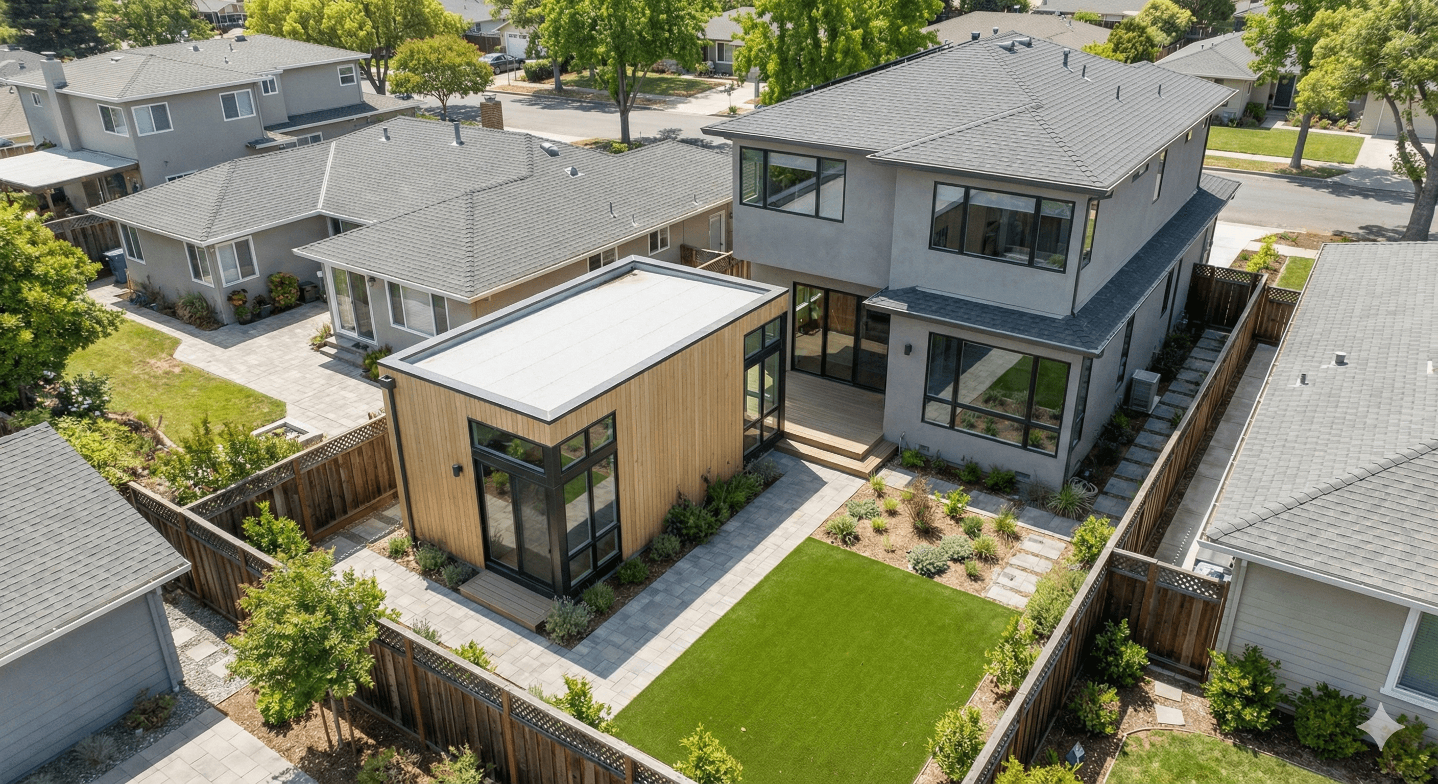 Sunnyvale backyard ADU design example showing detached ADU and main house