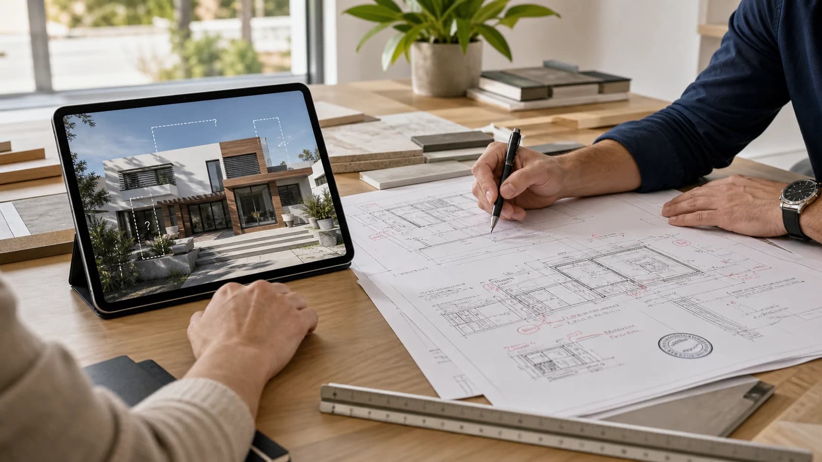 AI concept image beside permit-ready architectural drawings reviewed by a licensed professional