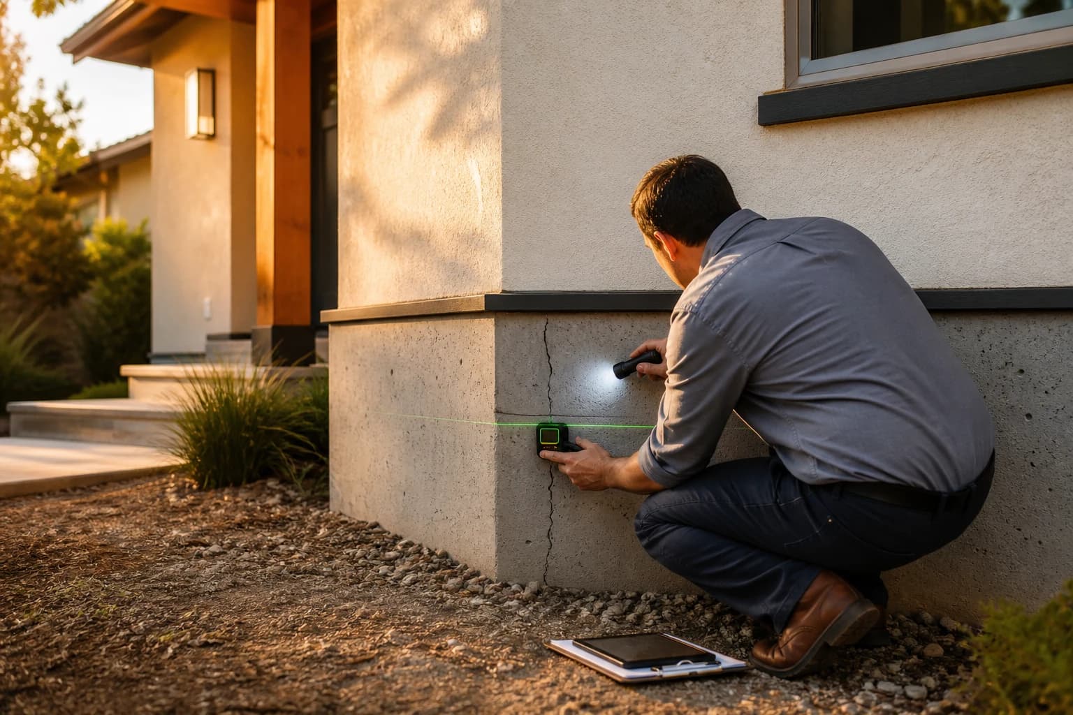 Engineer inspecting a residential foundation crack with a flashlight and laser level