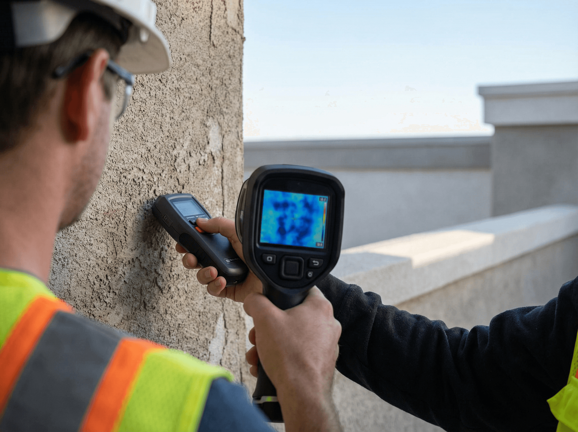 Four-phase SB 721 inspection sequence: visual assessment, moisture and infrared testing, borescope investigation, and the written engineering report