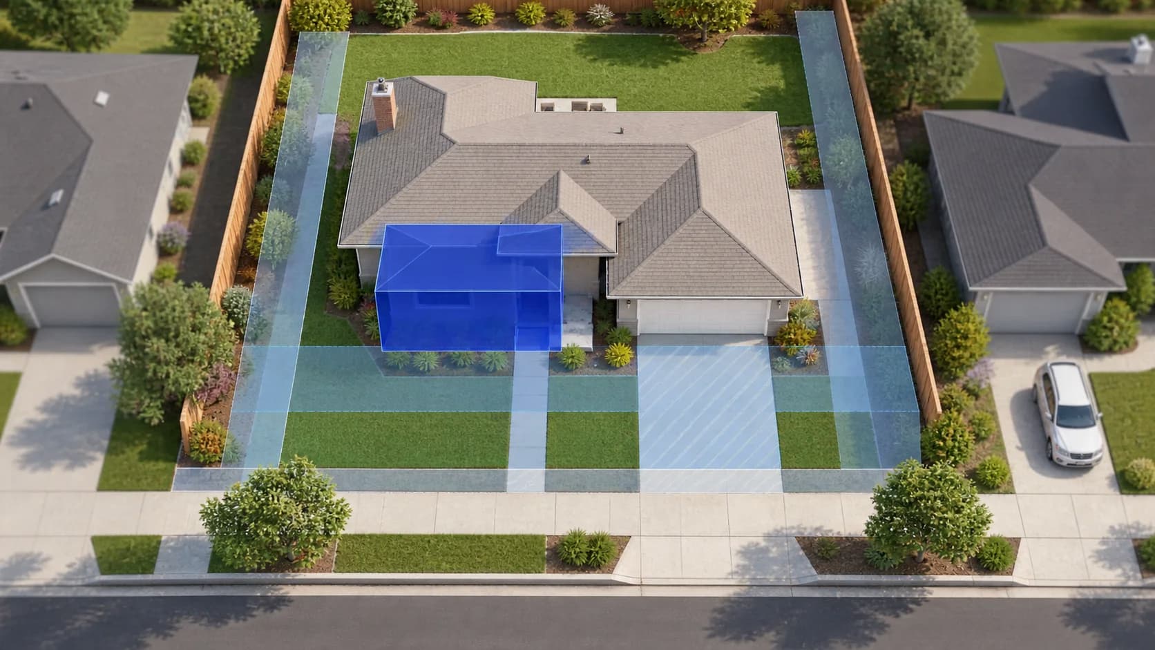 Top-down conceptual Fremont parcel with a home, front yard, driveway, sidewalk, and possible addition massing
