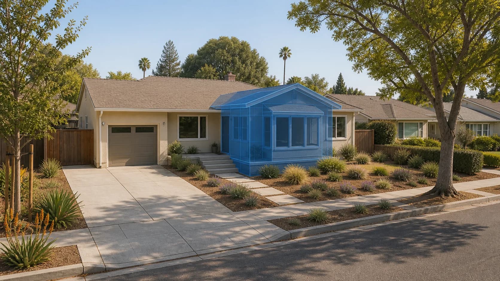 Conceptual front-facing addition massing on a Fremont single-family home
