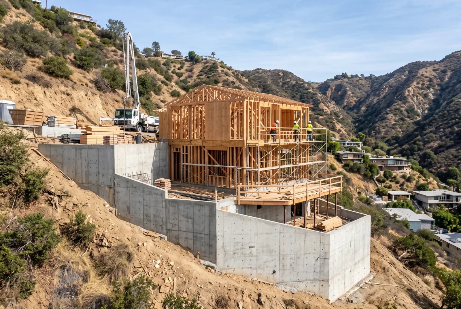 Conceptual Los Angeles hillside house addition with stepped foundations and retaining work
