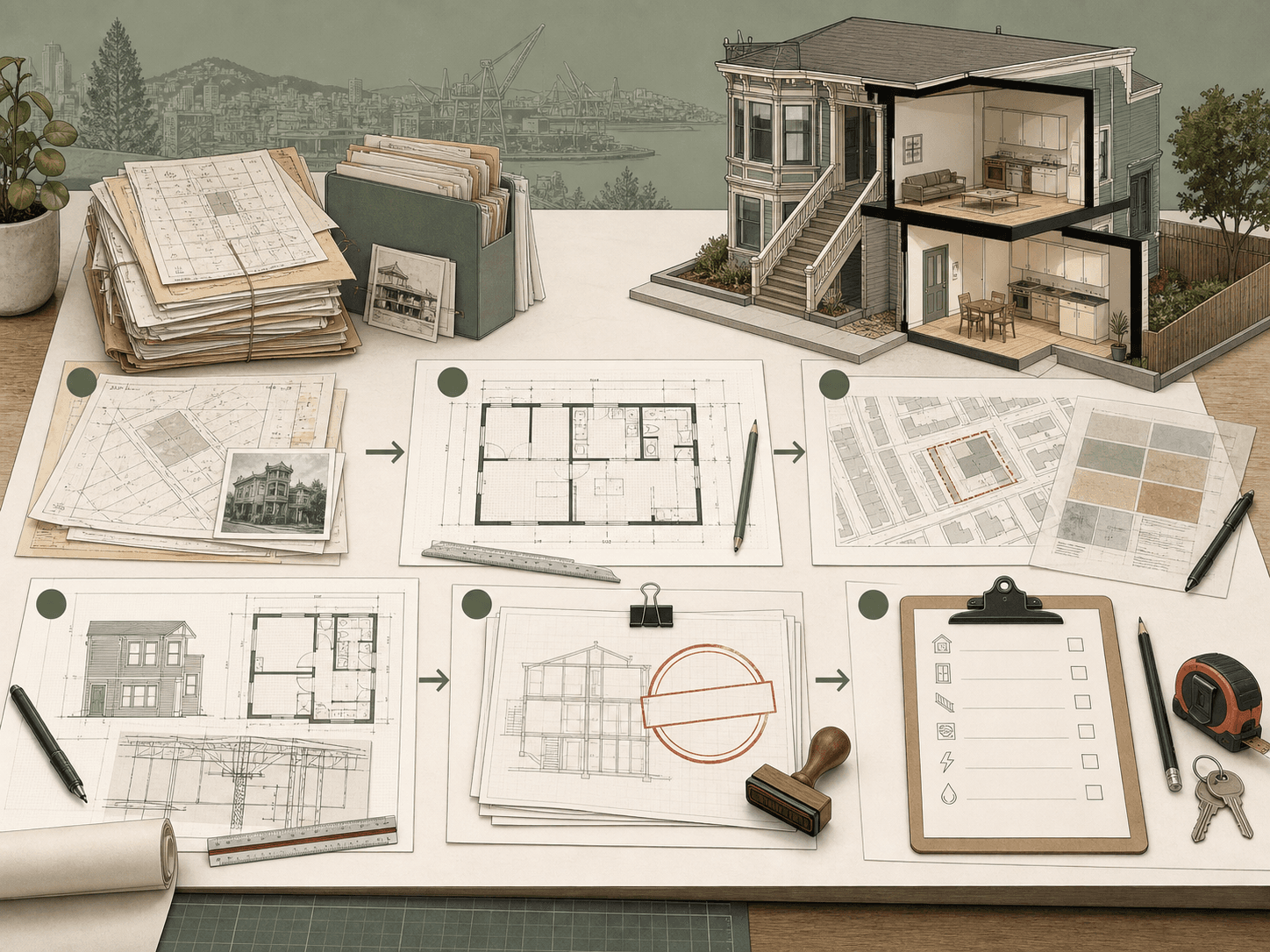Conceptual permit workflow with property records, measured plans, site review, coordinated drawings, plan check, and inspection