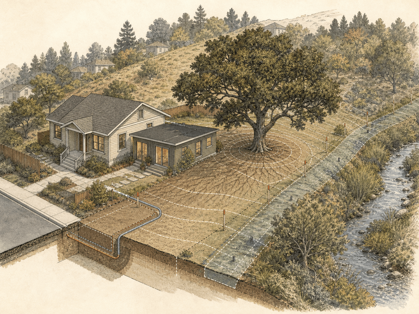 Conceptual Oakland site diagram showing a protected tree, creek corridor, hillside conditions, and a utility route near an ADU