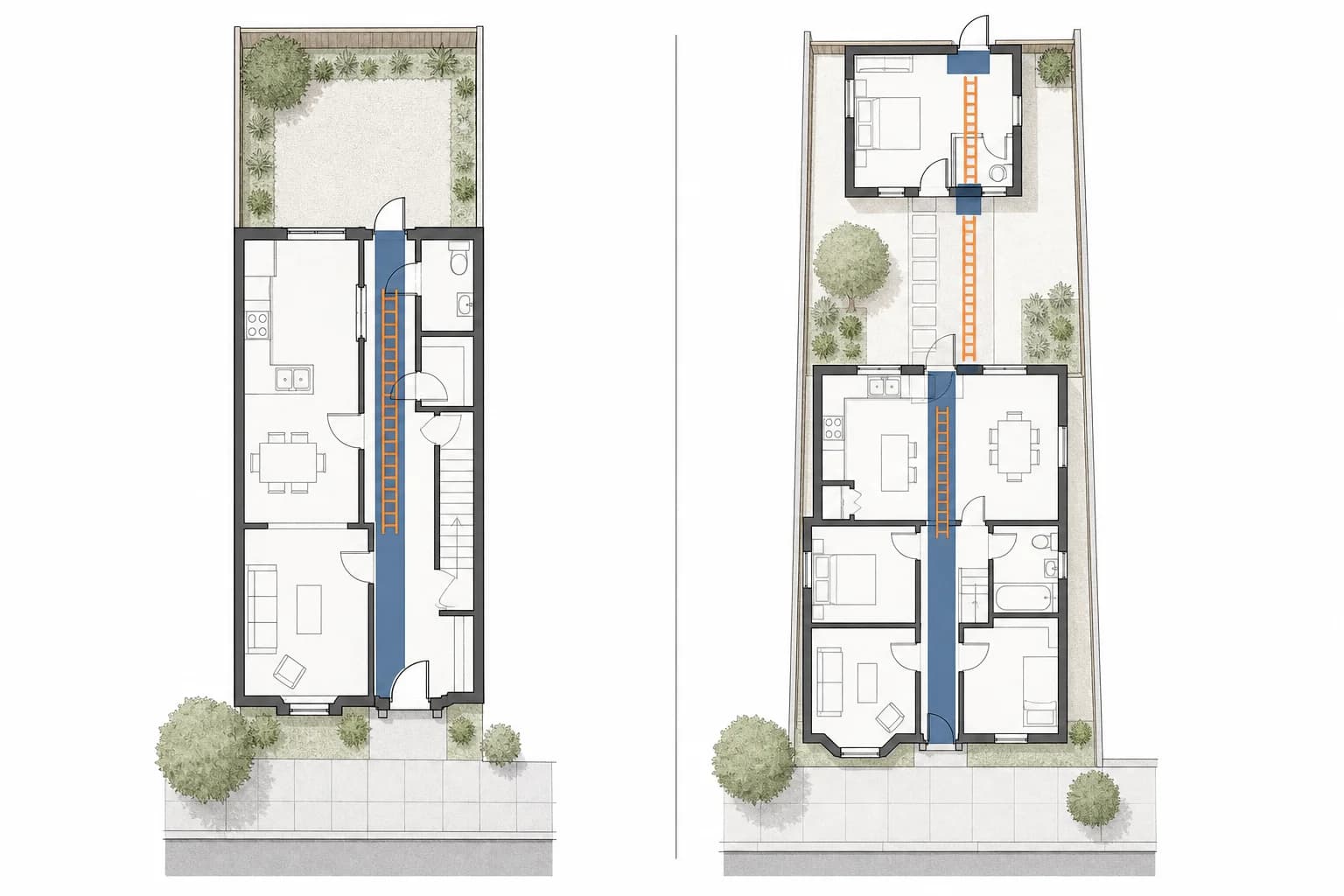 Two conceptual floor plans comparing an interior ladder route to a landlocked rear yard with a direct route through a house to a rear ADU