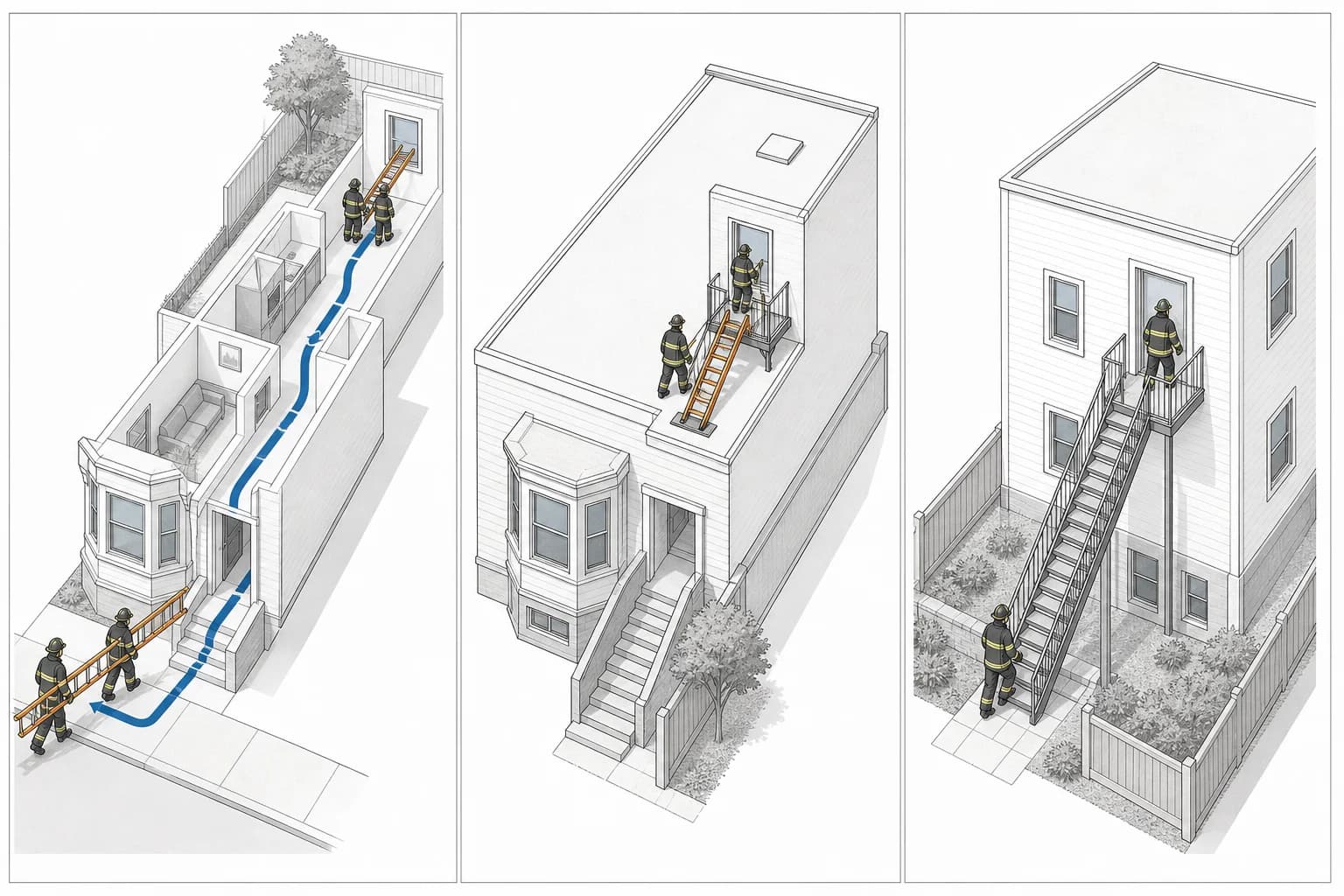 Three conceptual San Francisco EG-02 rescue strategies showing ground-ladder access, roof access, and vertical yard access