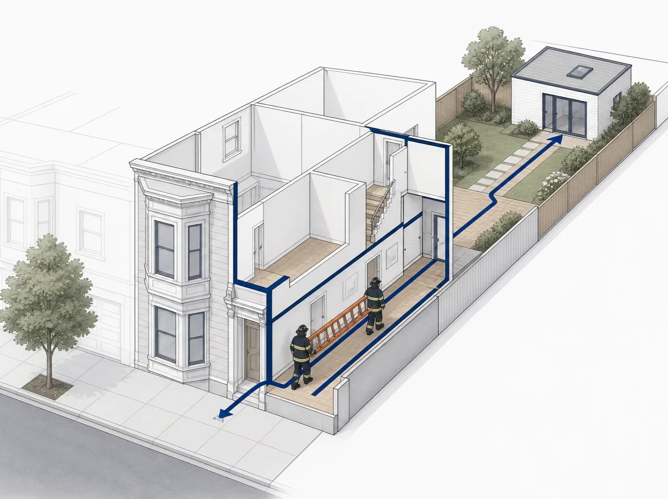 Conceptual San Francisco rescue-access route carrying a fire ladder from the street through a narrow home to a rear ADU