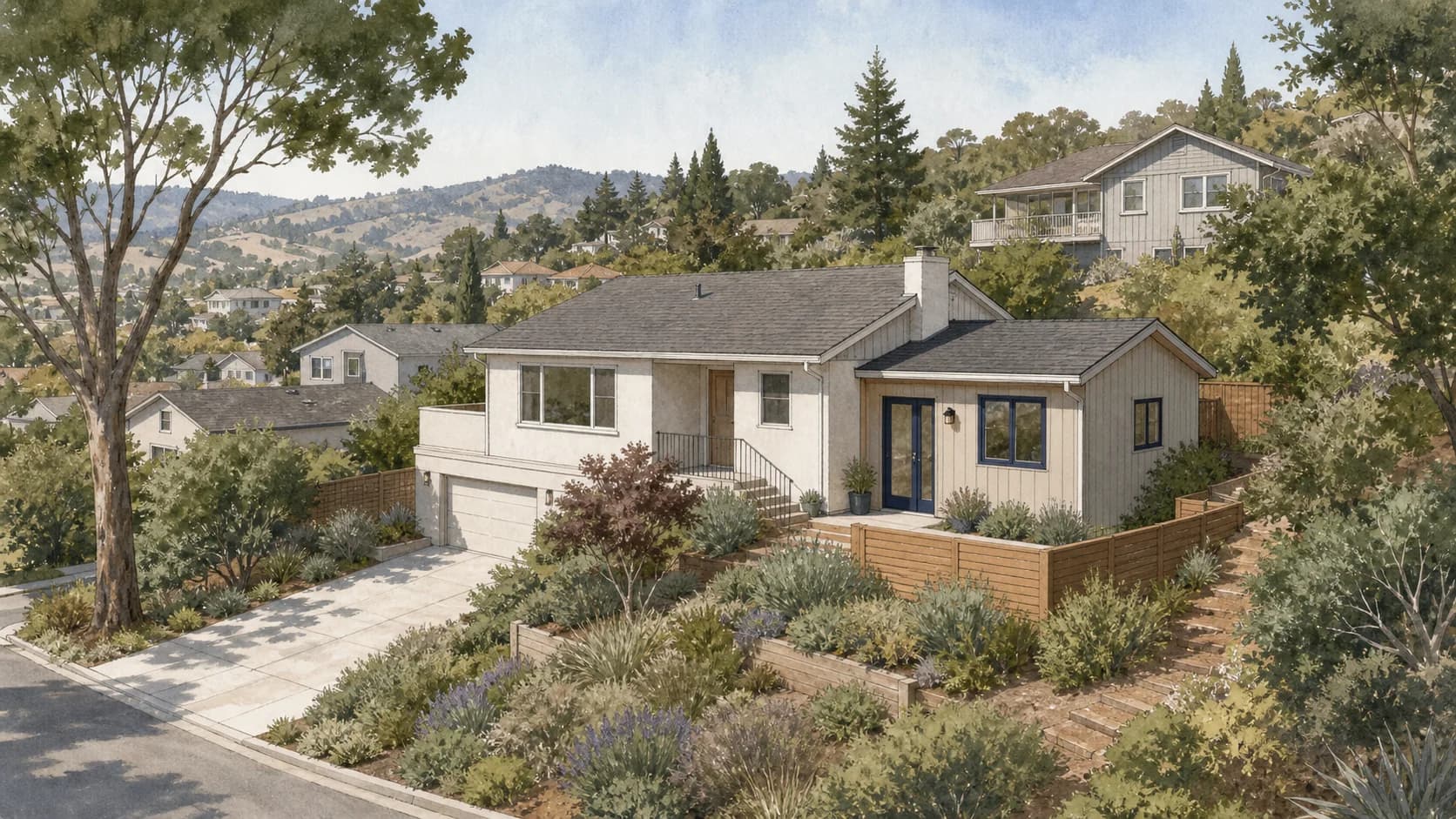 Conceptual attached ADU beside a hillside home in unincorporated San Mateo County