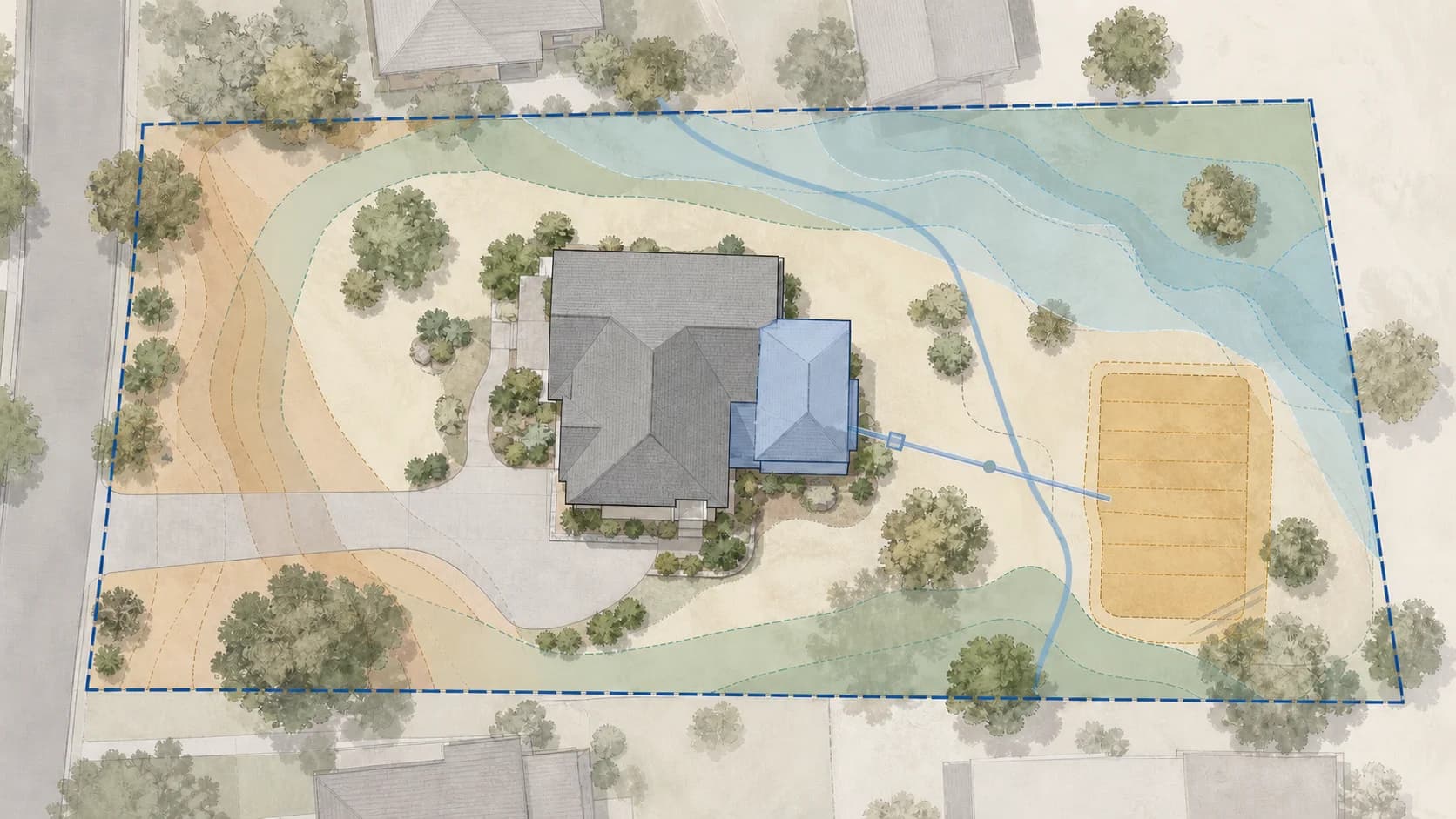 Top-down conceptual attached ADU site study with driveway, utility, wastewater, and constraint zones