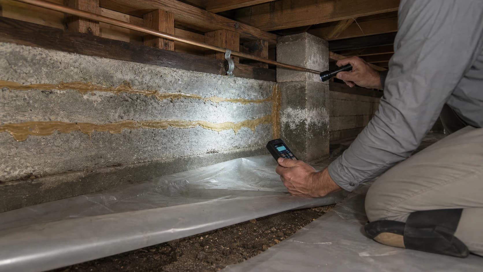 Editorial illustration of an engineer examining a repaired horizontal crack and damp soil in a residential crawl space