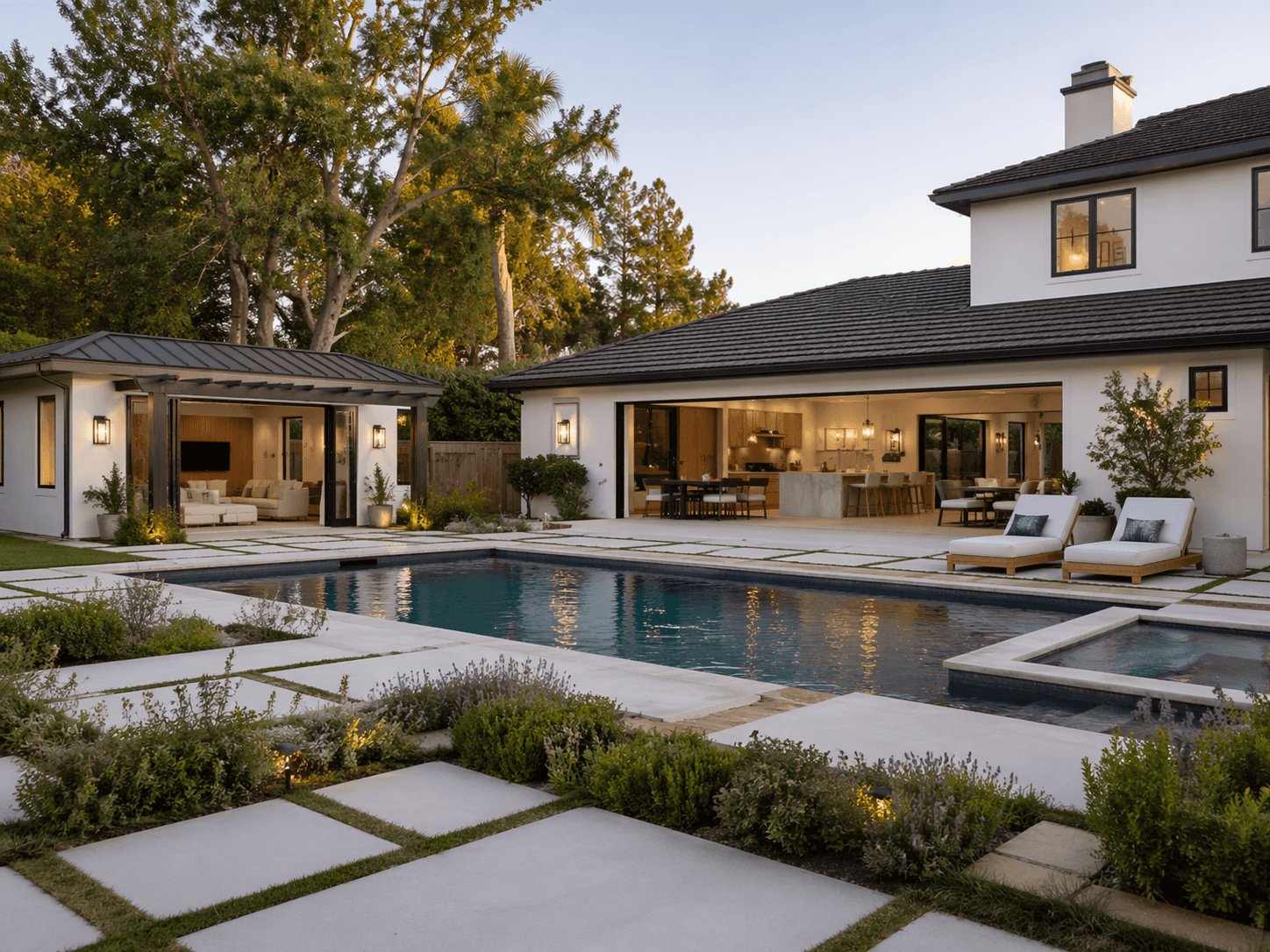 Integrated backyard design featuring pool, spa, deck, pool house, and home addition coordinated as a single Cecilia Home project