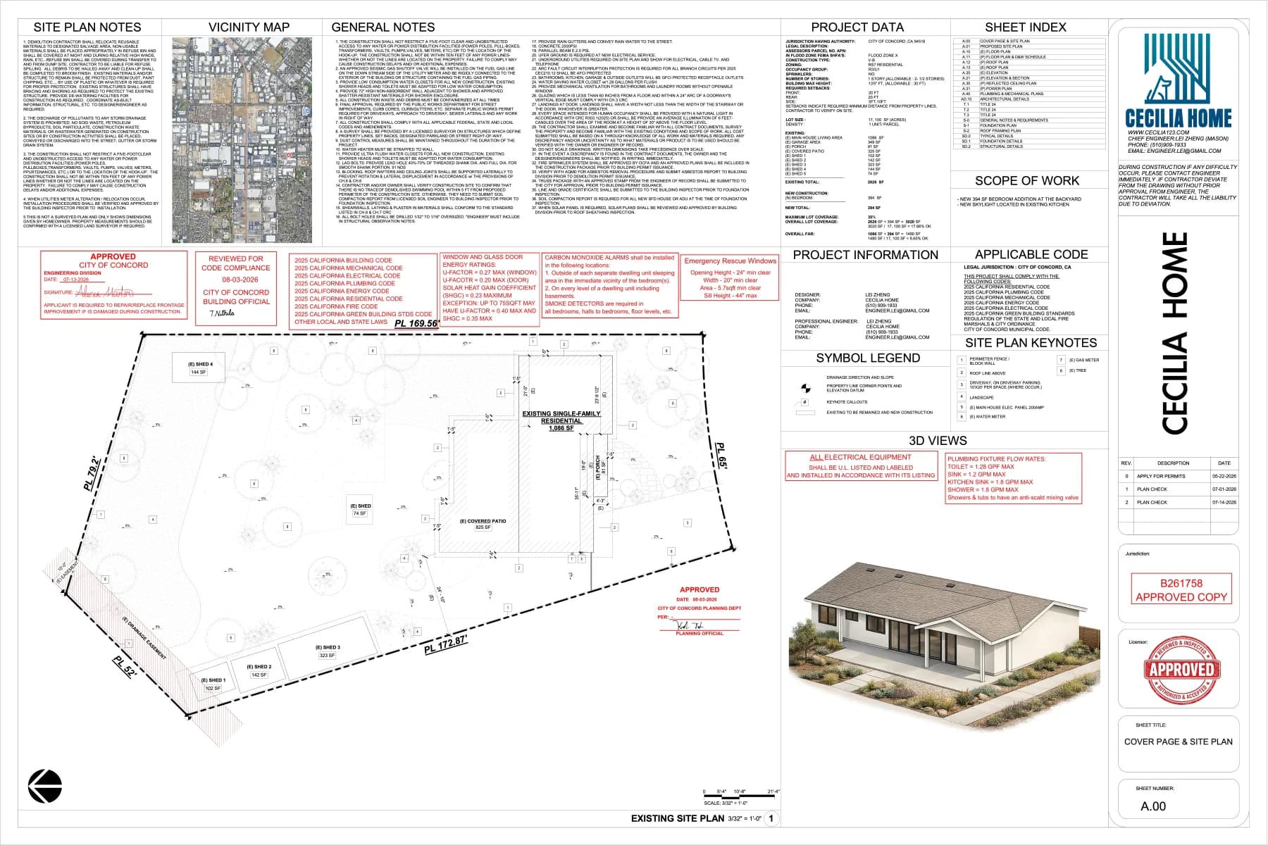 California permit plan set with building code notes and plan check revisions