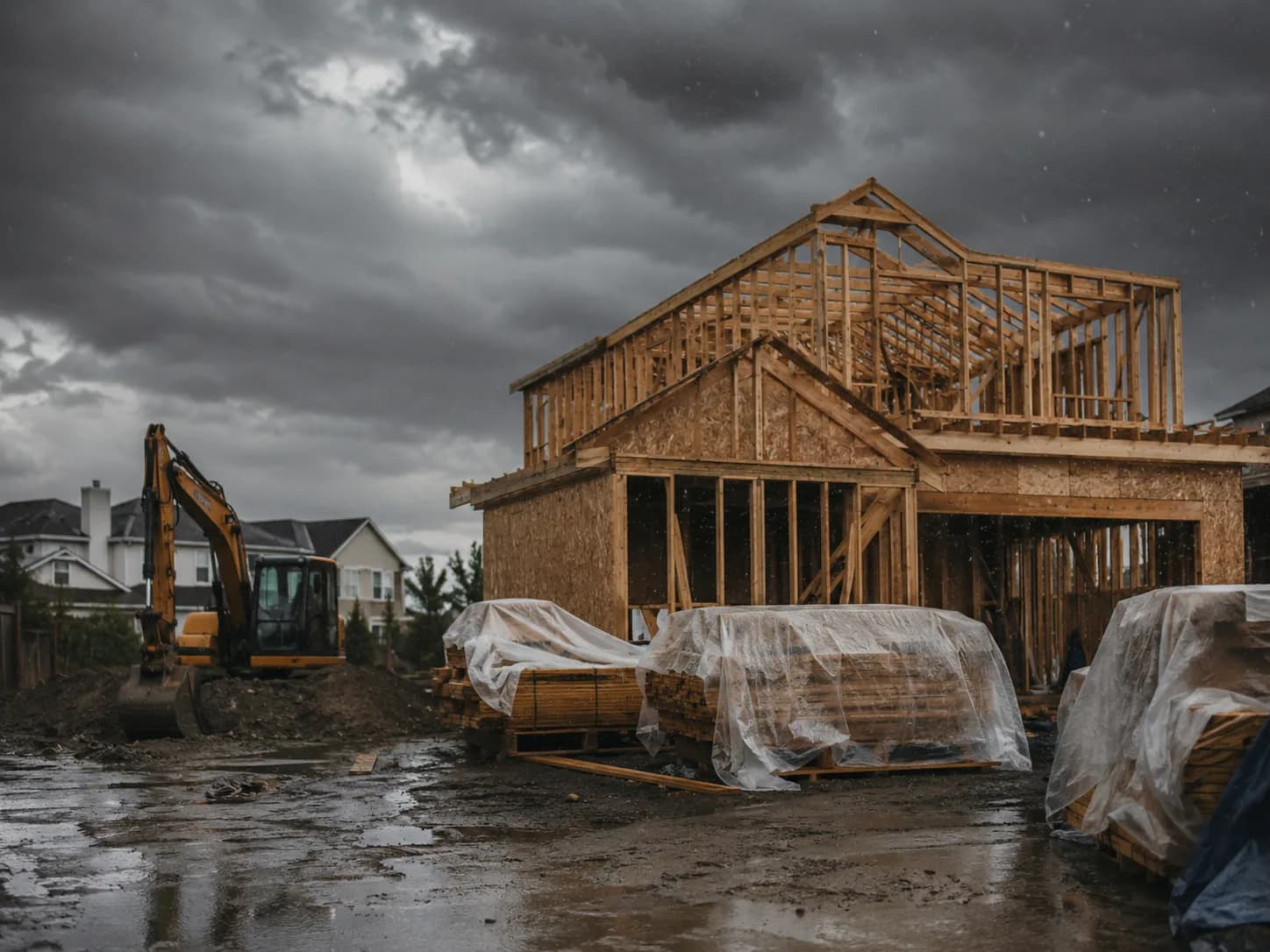 California home construction site paused under storm clouds with tarped lumber and idle excavator during the rainy season