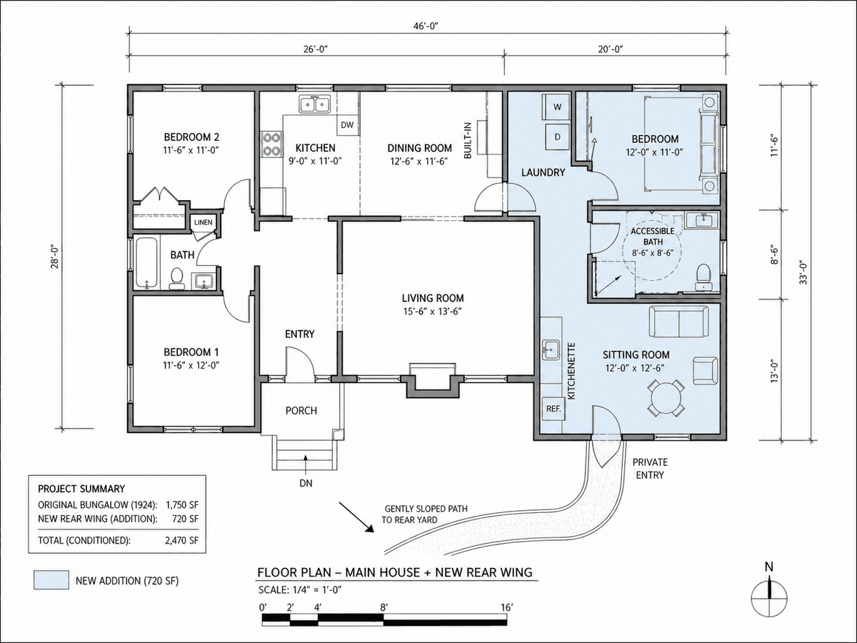 Floor plan of the 720 SF accessible in-law wing connected by a laundry hall