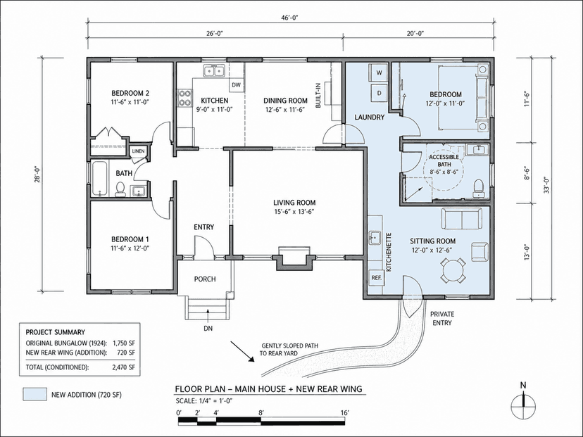 Floor plan of the 720 SF accessible in-law wing connected by a laundry hall