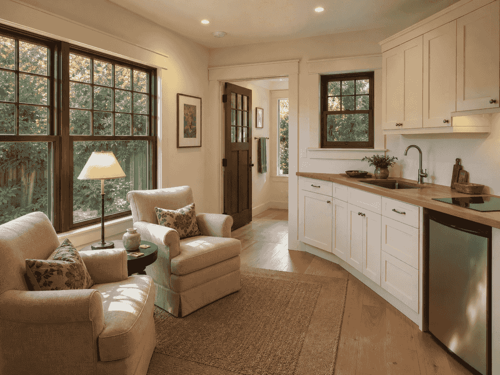 In-law suite sitting room with kitchenette and garden windows