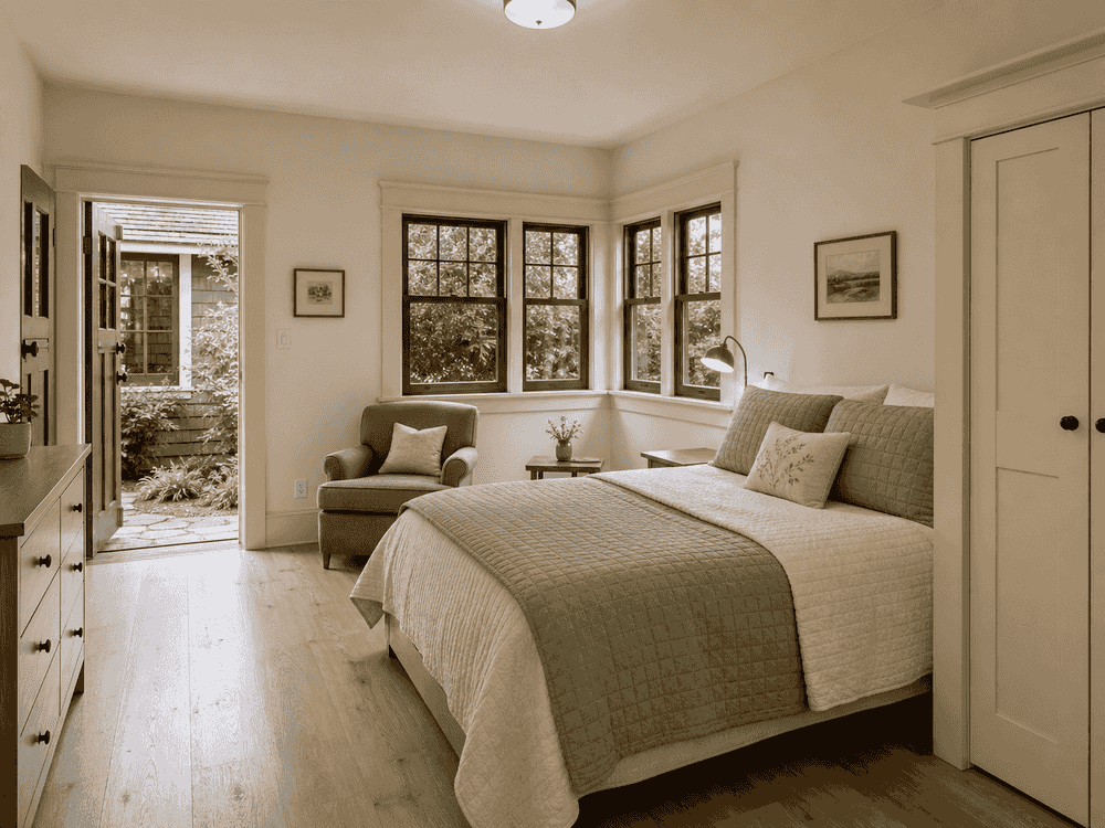 Accessible bedroom in the new wing with wide doorway and garden view
