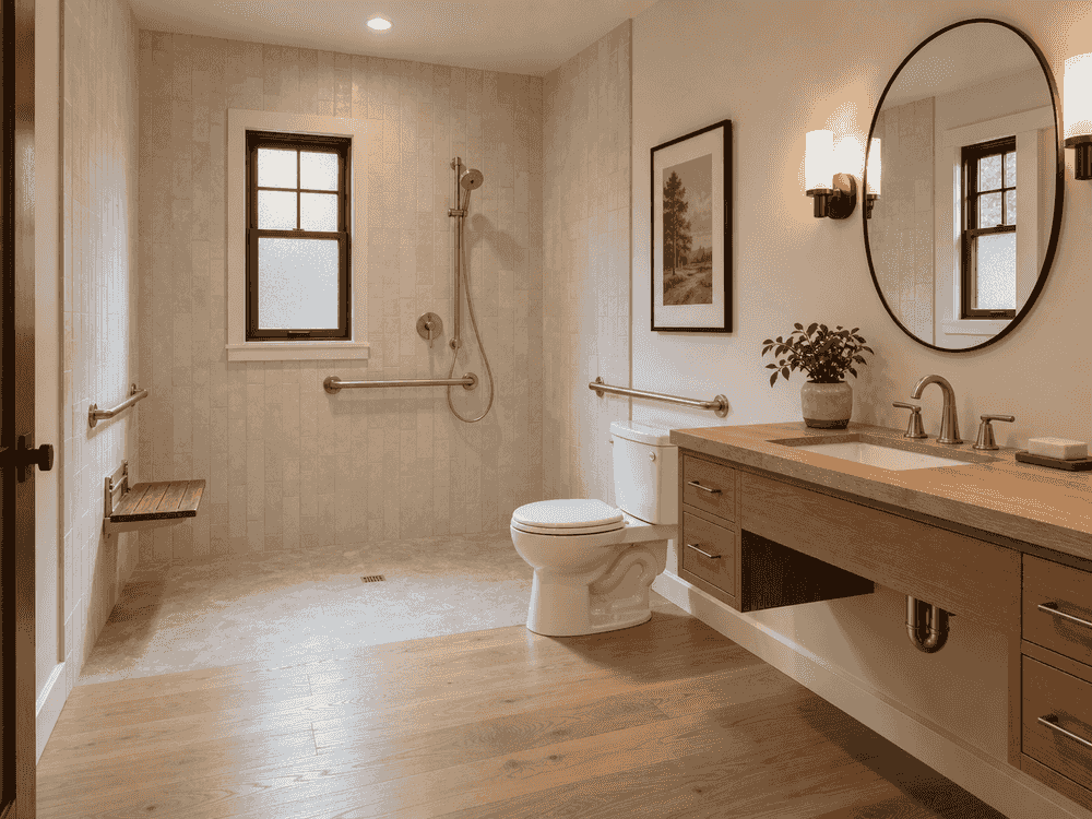 Zero-step bathroom with curbless shower and comfort-height fixtures